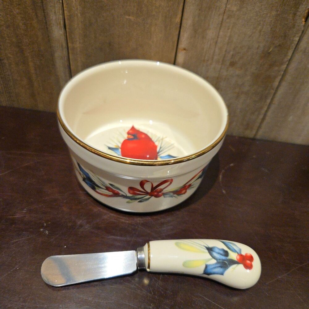 Lenox Winter Greetings Holidays Cardinal Serving Set Dip Bowl + Spreader knife